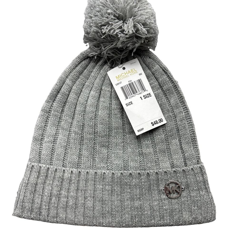 Michael Kors Women's One Size Winter Beanie w Pom Pom Gray Knit Hat NWT